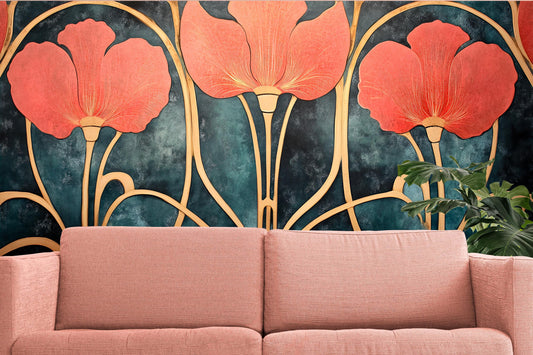 Art Deco Floral Wall Mural | Large Red Poppy Wallpaper | Elegant Botanical Gold Wall Art | Luxury Accent Wall Décor Vn194