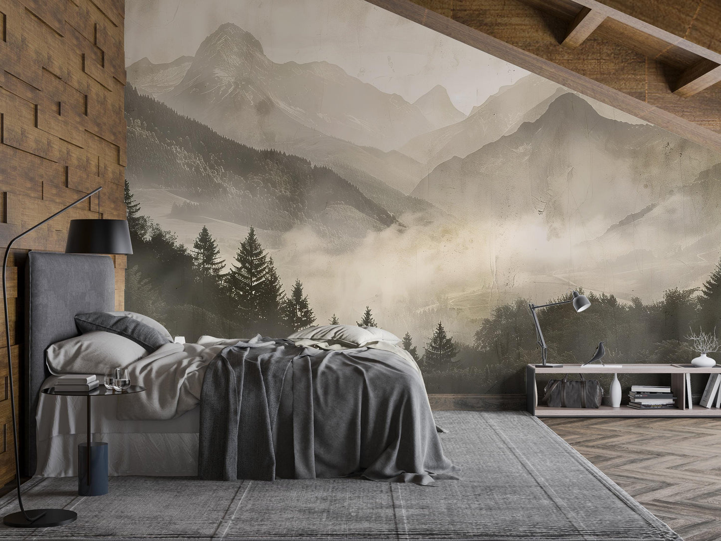 Sepia Mountain Wall Mural – Foggy Forest Landscape Wallpaper for Bedroom Vn1008