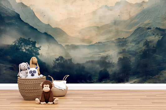 Misty Mountain Valley Wall Mural – Moody Foggy Forest Landscape Wallpaper Vn1009