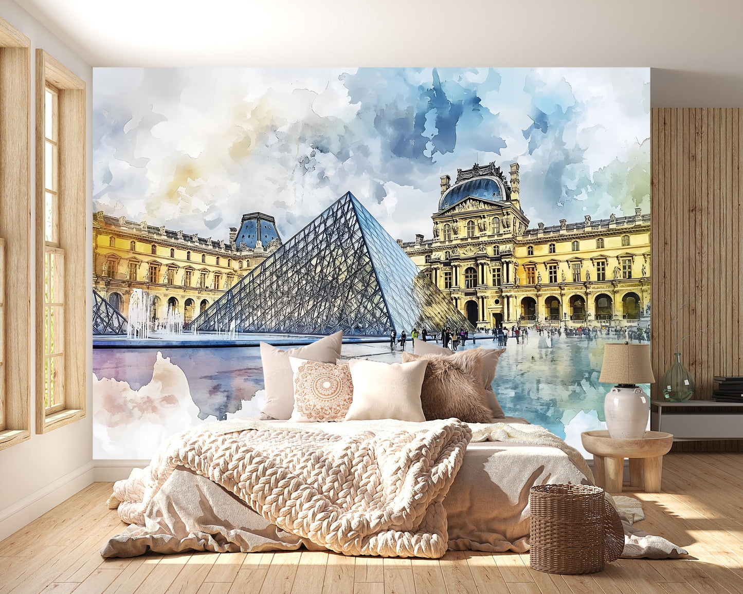 Louvre Paris Wall Mural – Watercolor Pyramid & Museum Wallpaper Vn933
