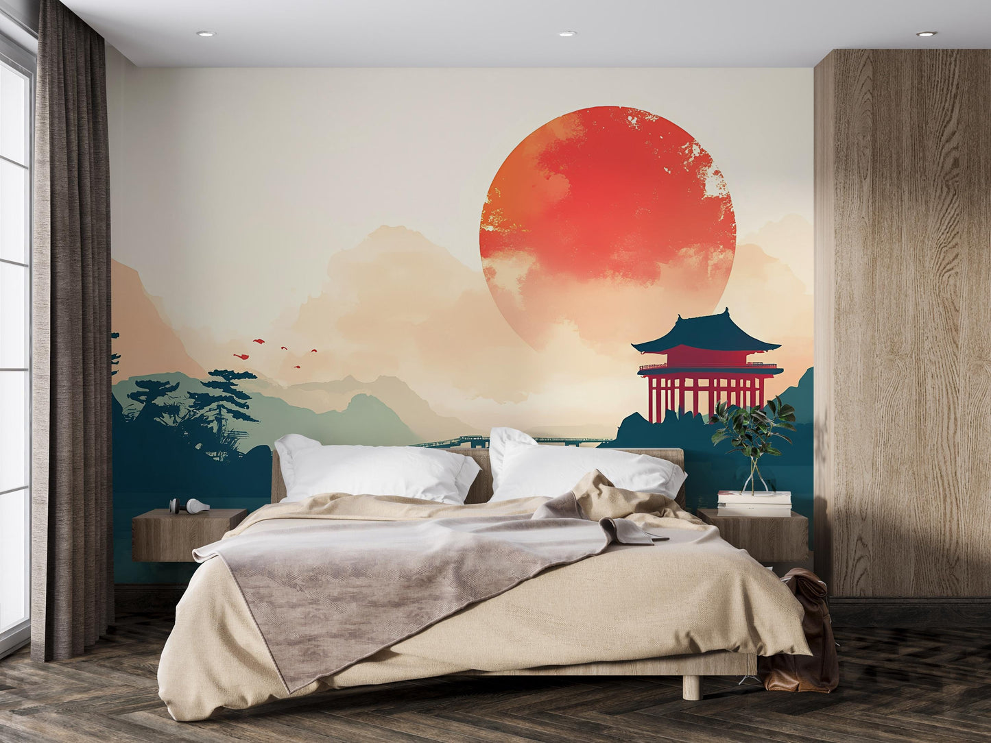 Japanese Sunset Wall Mural – Serene Oriental Landscape, Pagoda Art, Minimalist Zen Decor for Bedroom or Living Room Vn497