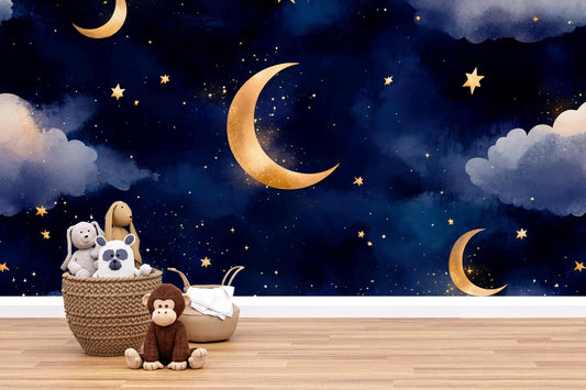 Moon Stars Night Sky Mural – Gold Crescent Cloud Nursery Wallpaper Vn993