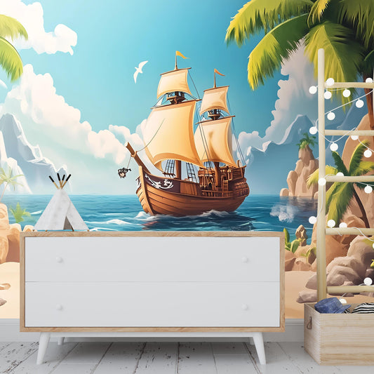 Pirate Ship Wall Mural for Kids Room – Nautical Ocean Adventure Theme Wallpaper – Boys Nursery or Playroom Art Décor Vn 306