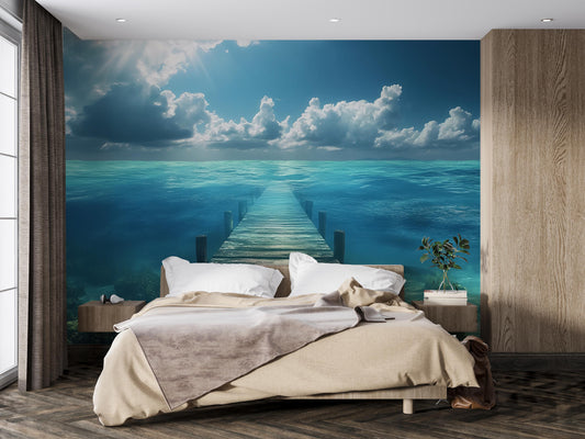 Ocean Dock Wall Mural – Tranquil Seascape Wallpaper for Bedroom, 3D Pier to Horizon, Beach Scene Wall Art, Coastal Home Decor Vn287