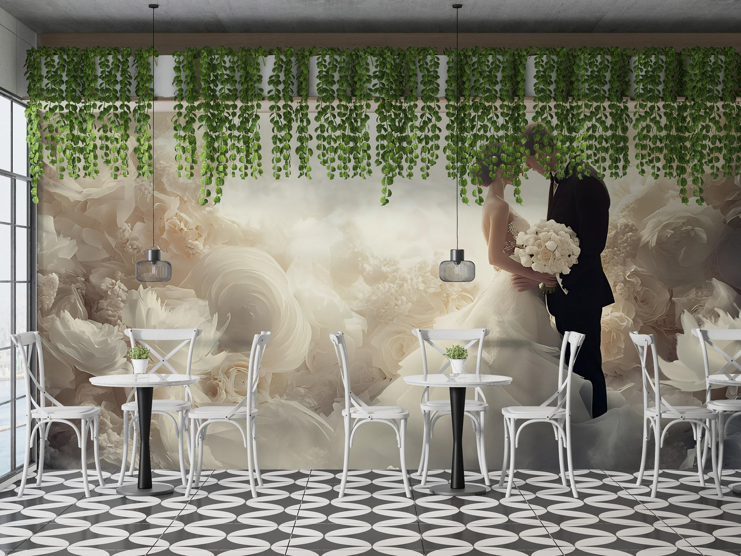 Romantic Wedding Couple Wall Mural – Elegant Floral Bridal Backdrop, Arch Door Nature Design, Custom Wallpaper Art Vn506