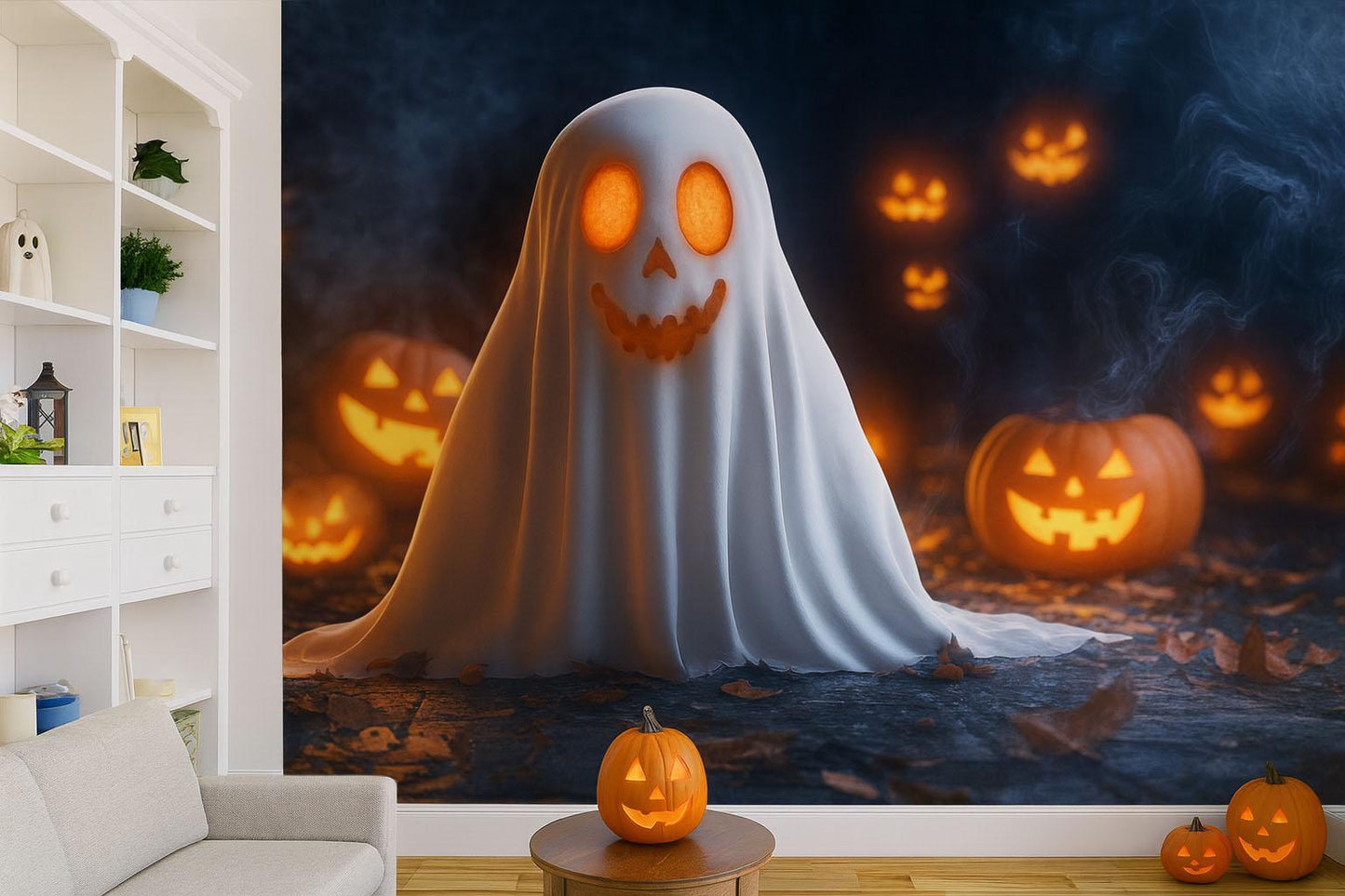 Cute Ghost & Pumpkin Glow Wall Mural – Halloween Spooky Décor Vn803