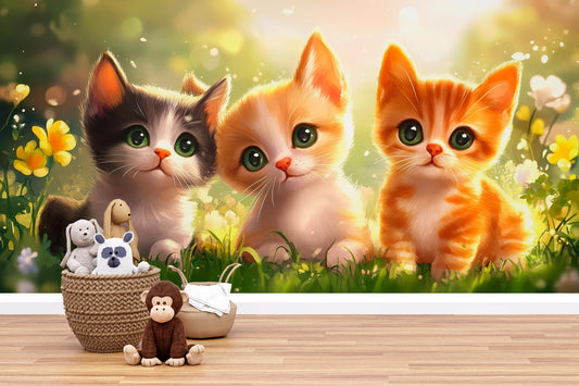Cute Kittens Wall Mural | Adorable Cat Art for Kids Room | Nursery Animal Decor Vn318