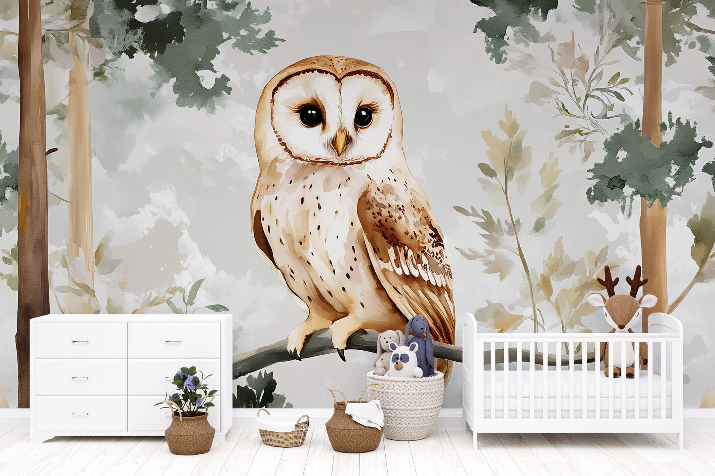 Whimsical Owl Wall Mural for Kids Room | Woodland Animal Nursery Wallpaper | Forest Bird Accent Wall | Large Owl Art for Playroom Vn501