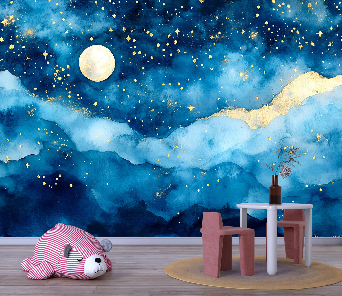 Moon and Stars Wall Mural – Watercolor Night Sky Nursery Wallpaper, Dreamy Accent Wall for Kids Room or Bedroom Vn858