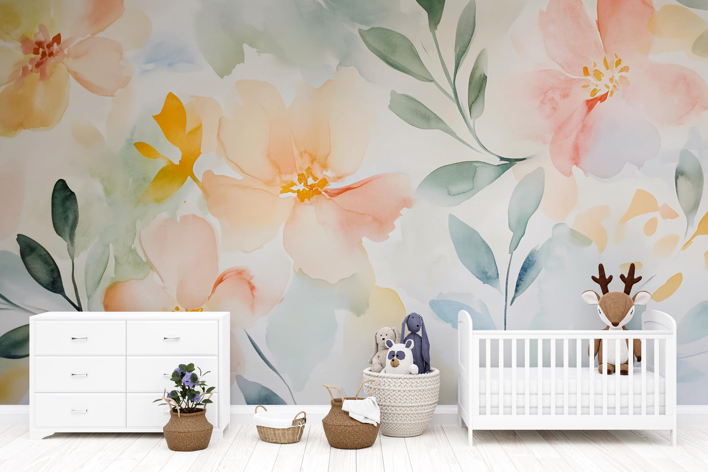 Watercolor Floral Wall Mural for Kids Room – Soft Pastel Flower Wallpaper, Removable Nursery Art Vn559