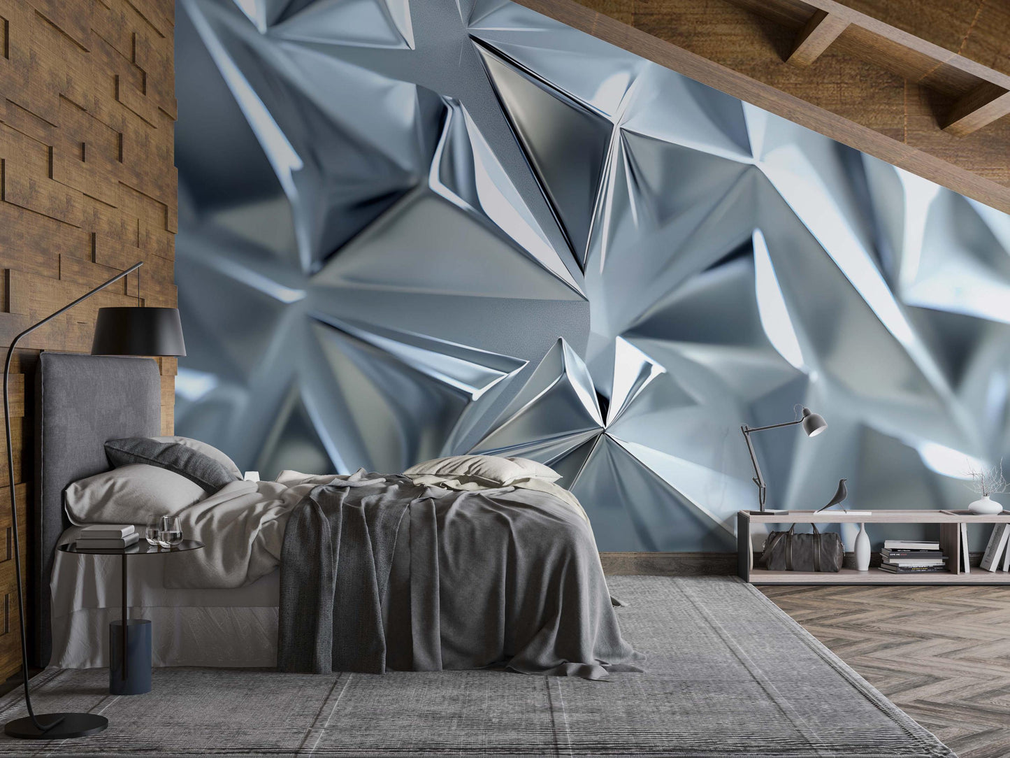 Geometric Silver Chrome Wall Mural – Modern 3D Metallic Abstract Wallpaper for Bedroom or Living Room Vn747