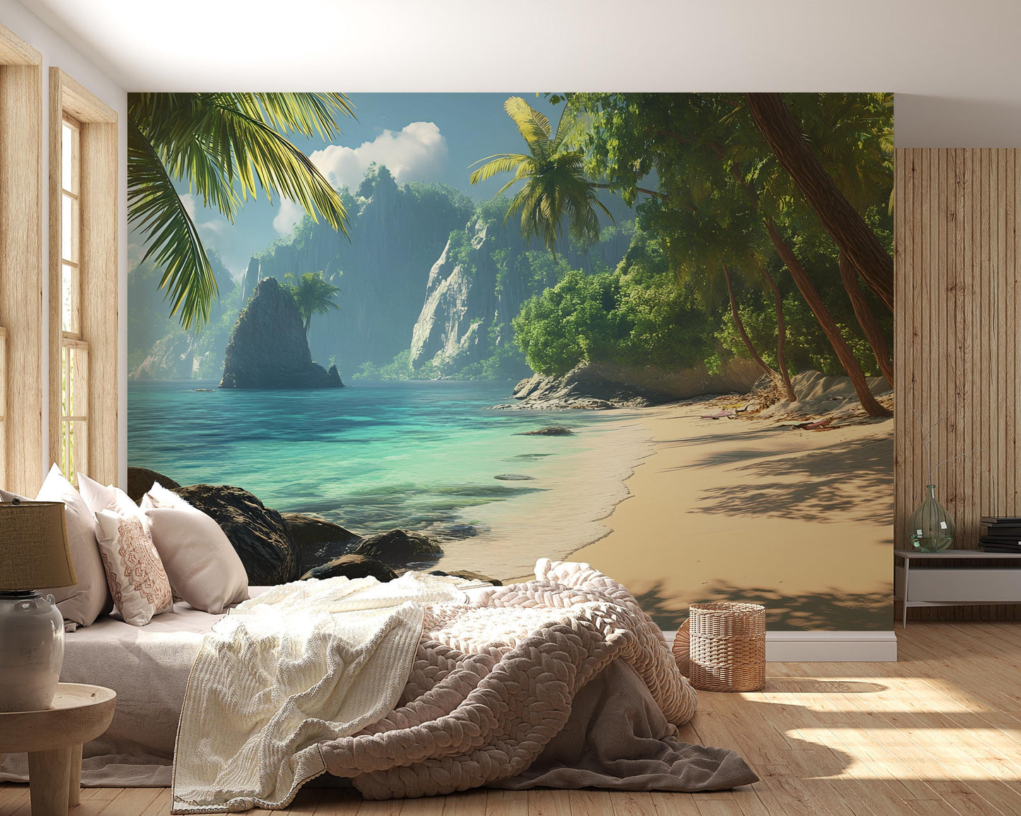 Tropical Beach Wall Mural – Ocean View Wallpaper for Bedroom – Coastal Paradise Accent Wall Art Vn286