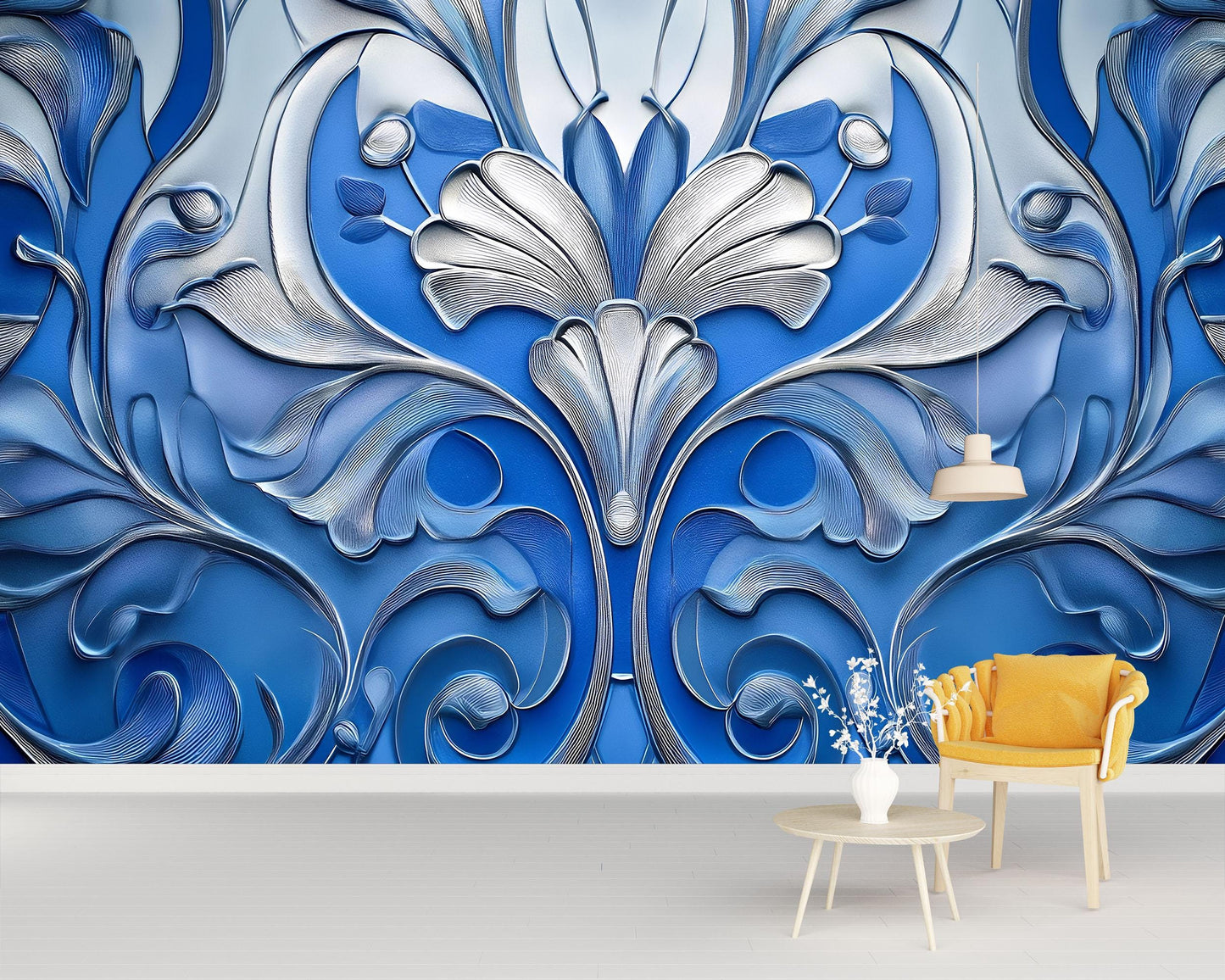 3D Blue Floral Wall Mural – Elegant Embossed Botanical Art Wallpaper for Living Room & Bedroom Vn757
