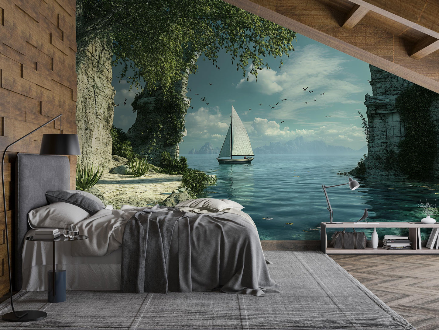 Ocean View Wall Mural – Sailboat & Ancient Arch Scenic Wallpaper – Serene Bedroom Decor Vn565
