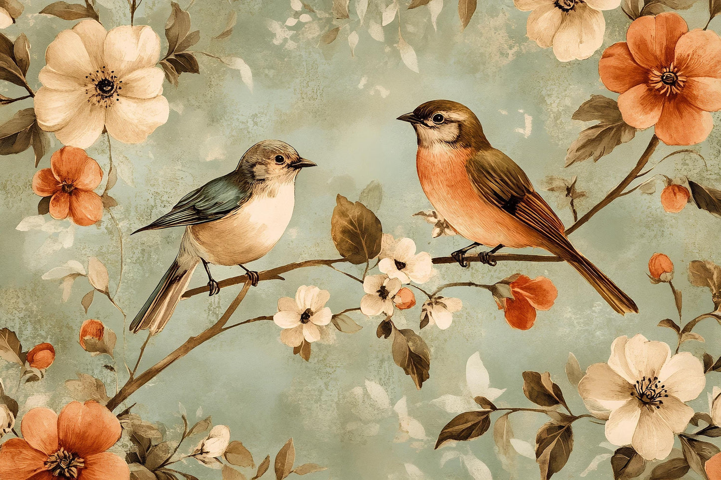 Vintage Birds Mural – Floral Botanical Wallpaper Wall Art Vn1002