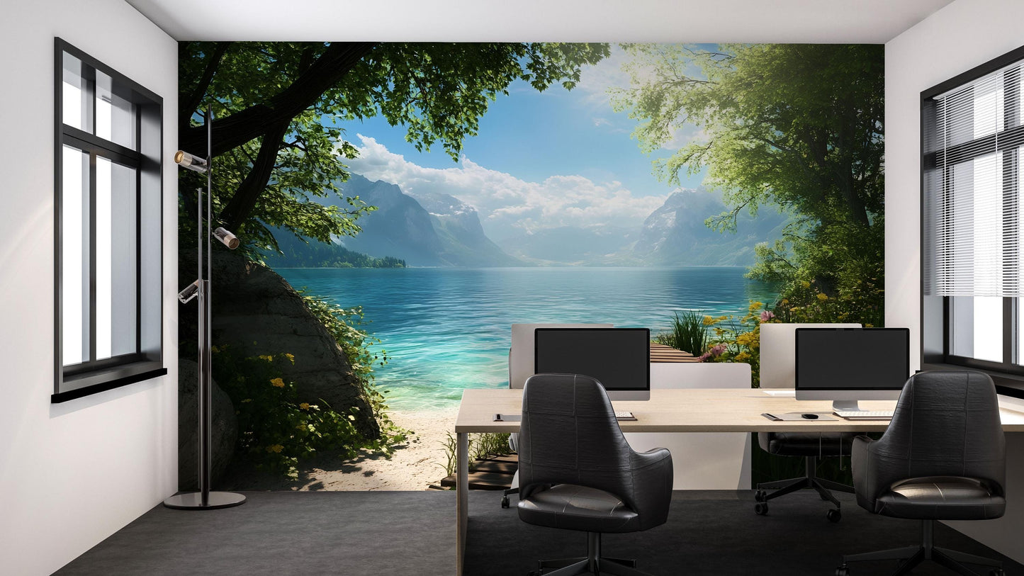 Mountain Lake Pier Wall Mural – Scenic Beach & Crystal Water Landscape Wallpaper  Vn830