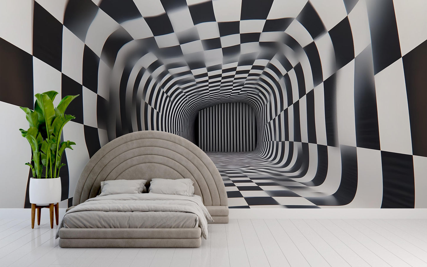 3D Optical Illusion Wall Mural – Black White Tunnel Wallpaper Vn907