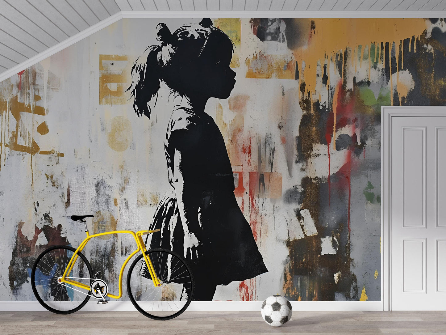 Modern Graffiti Wall Art of Girl Silhouette – Urban Street Art Canvas Mural for Kids Room, Playroom, or Nursery Vn736