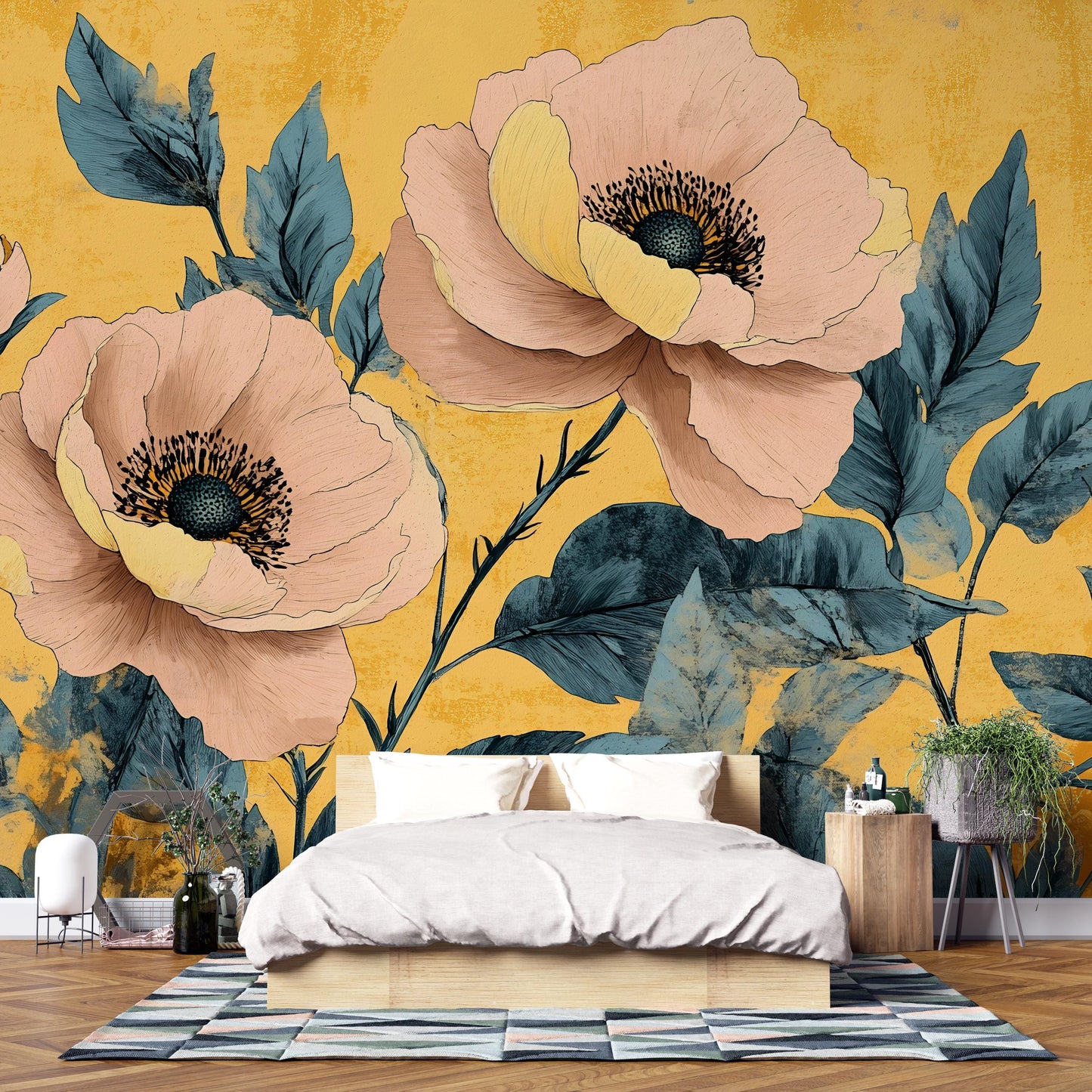 Bold Floral Wall Mural – Oversized Peony Wallpaper Yellow Vn1027