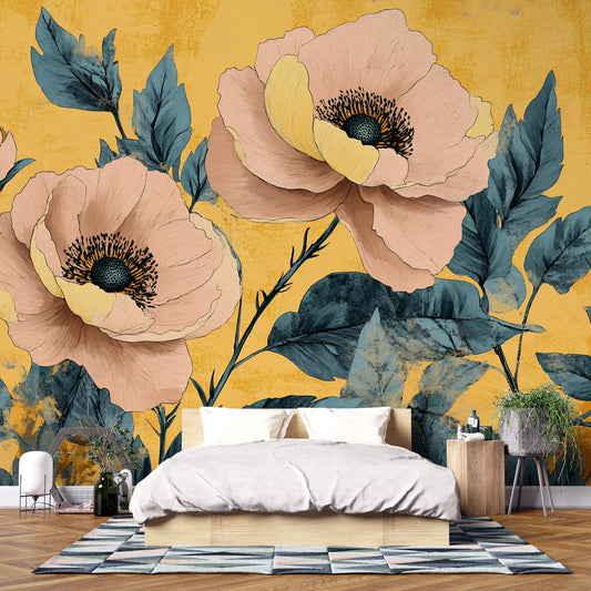 Bold Floral Wall Mural – Oversized Peony Wallpaper Yellow Vn1027