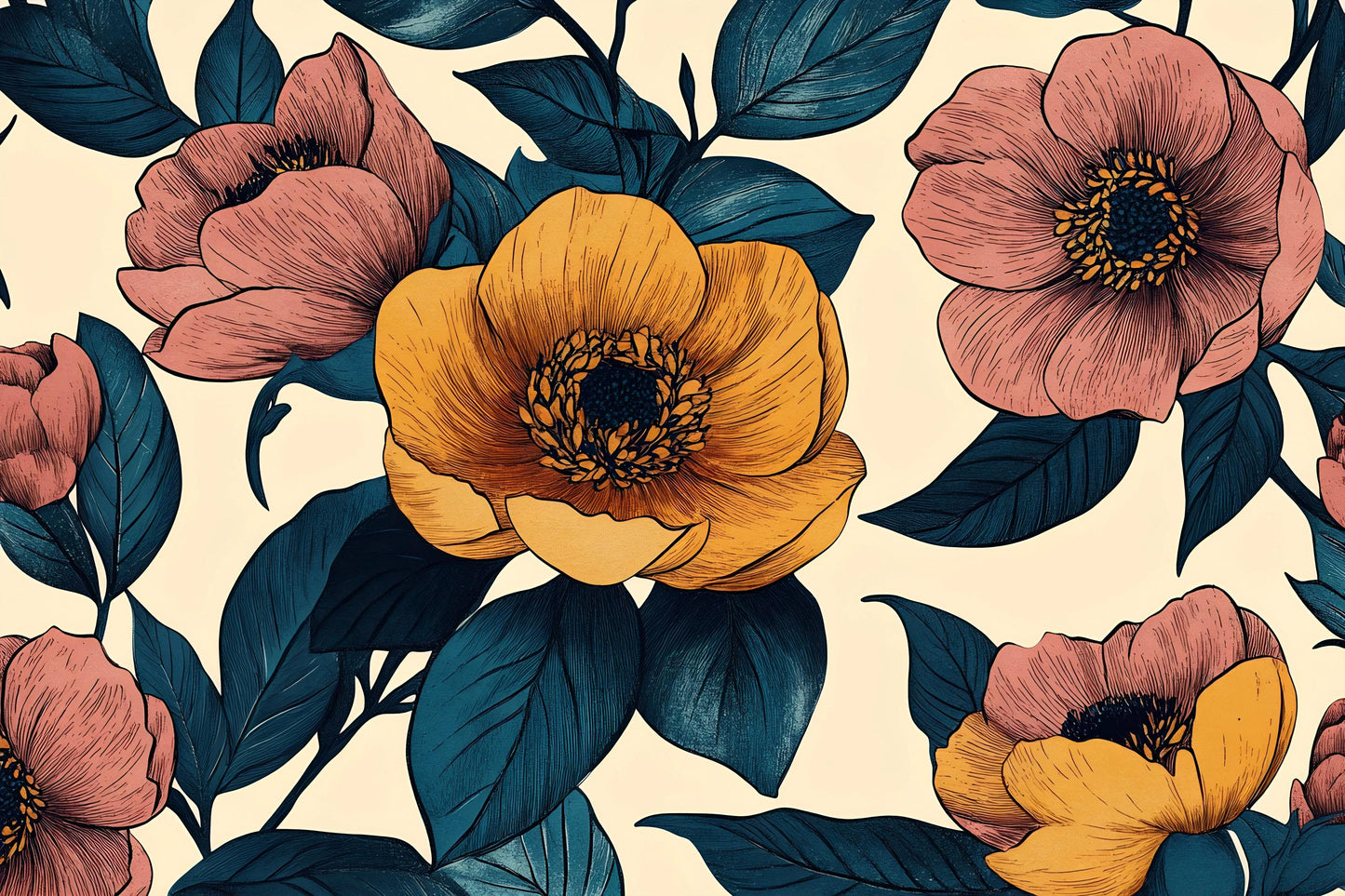 Vintage Floral Wall Mural – Yellow & Pink Flower Wallpaper Vn1026