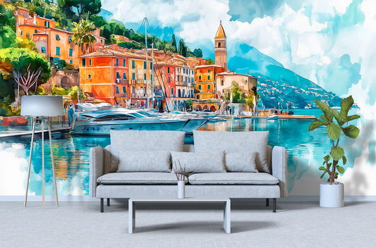 Italian Riviera Wall Mural – Watercolor Mediterranean Coast Wallpaper Vn926