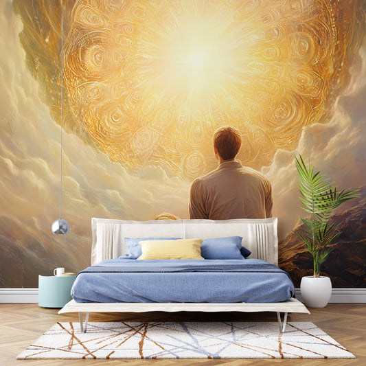 Spiritual Wall Mural for Bedroom – Enlightenment Inspired Art with Man Facing Radiant Light – Dreamy Golden Meditation Decor Vn098