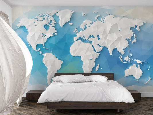 3D Polygon World Map Wall Mural – Modern Geometric World Map Wallpaper for Office, Kids Room, or Travel Decor Vn422