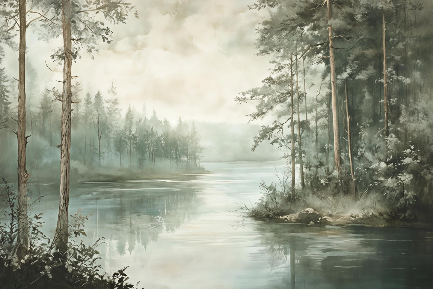 Misty Forest Lake Wall Mural – Nature Landscape Wallpaper Vn972