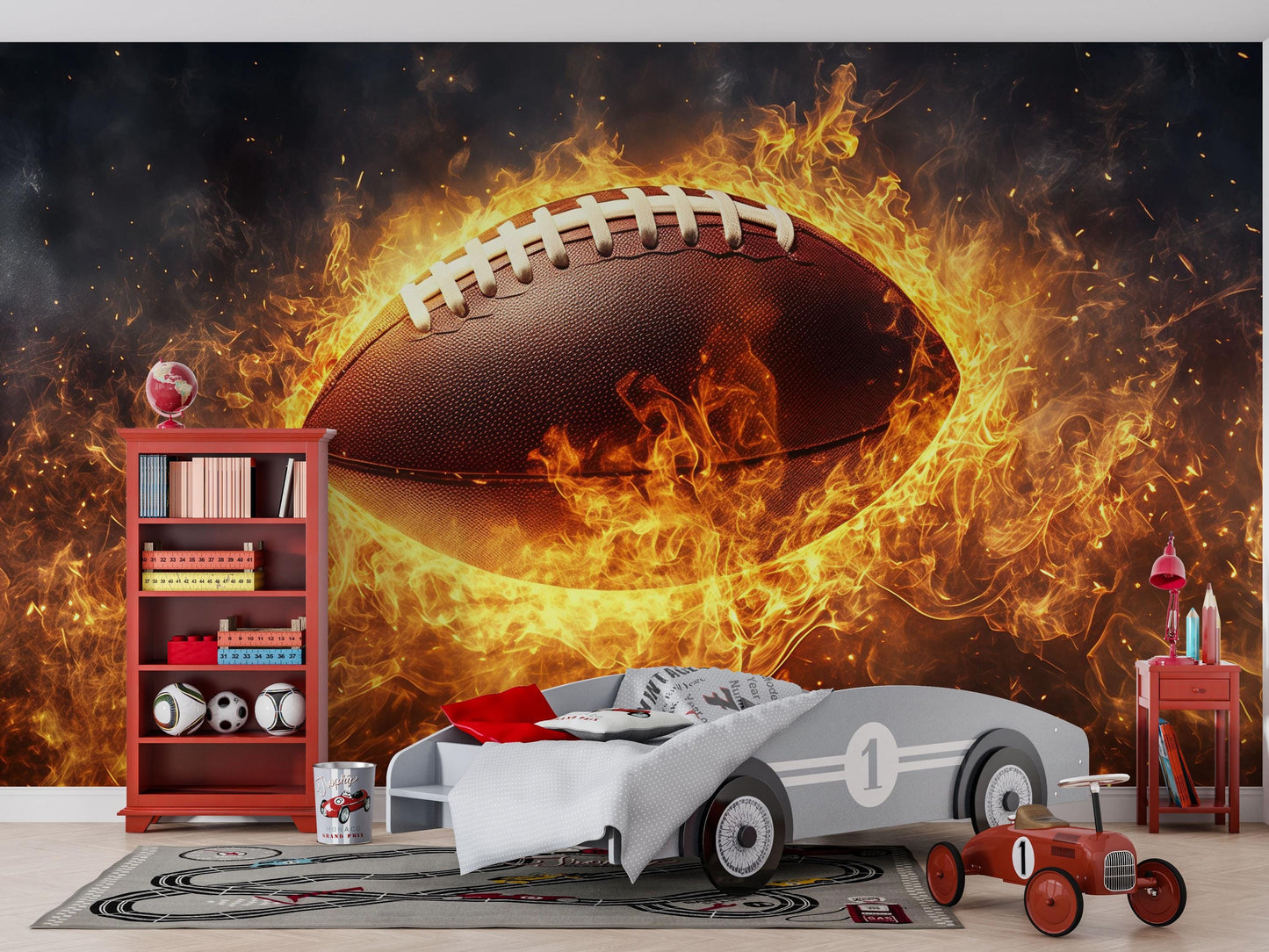 American Football Wall Mural – Flaming Sports Wallpaper for Boys Room & Man Cave Decor Vn879