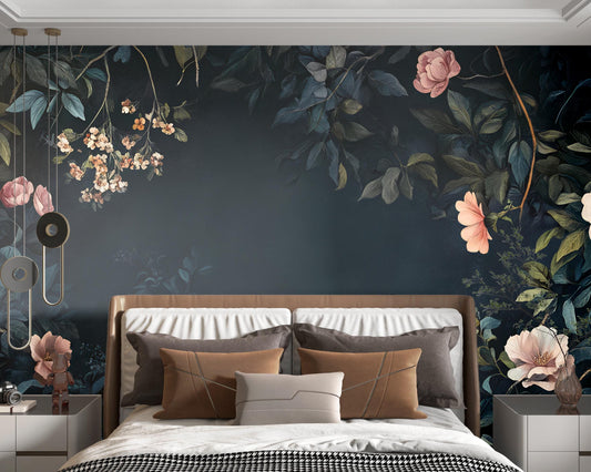 Dark Floral Wall Mural | Vintage Botanical Wallpaper for Bedroom | Romantic Large Flower Removable Wall Art | Peel and Stick Decor Vn182