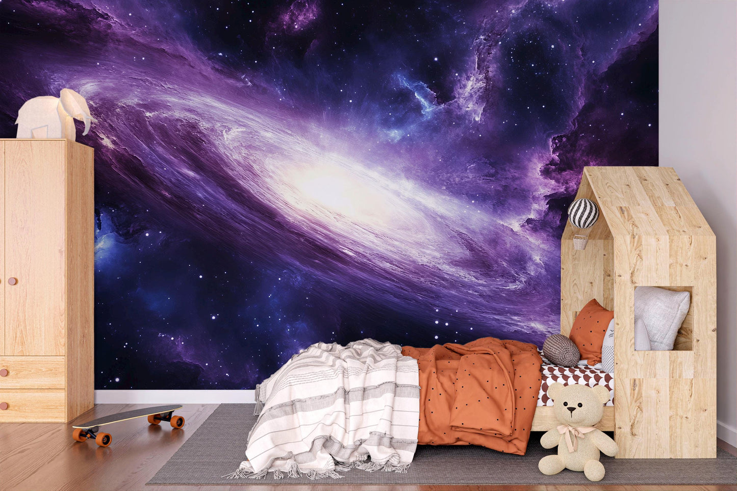 Galaxy Wall Mural – Purple Space Nebula Wallpaper, Cosmic Starry Sky Accent Wall for Kids Room or Bedroom Vn862