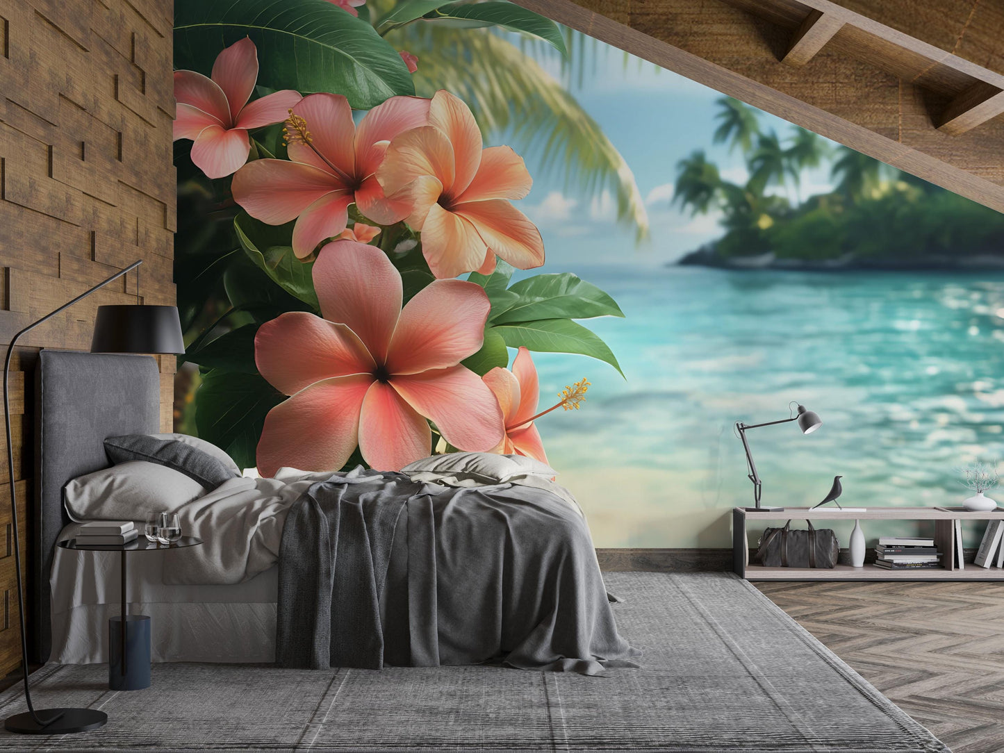 Tropical Beach Hibiscus Flower Wall Mural – Exotic Ocean Paradise Bedroom Wallpaper Vn647