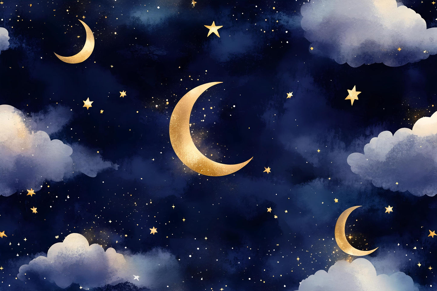 Moon Stars Night Sky Mural – Gold Crescent Cloud Nursery Wallpaper Vn993