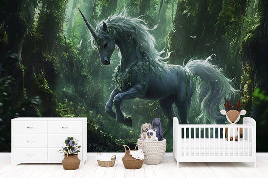 Magical Unicorn Forest Nursery Wall Mural – Fantasy Woodland Baby Room Decor, Fairy Tale Animal Wallpaper for Kids Vn 302