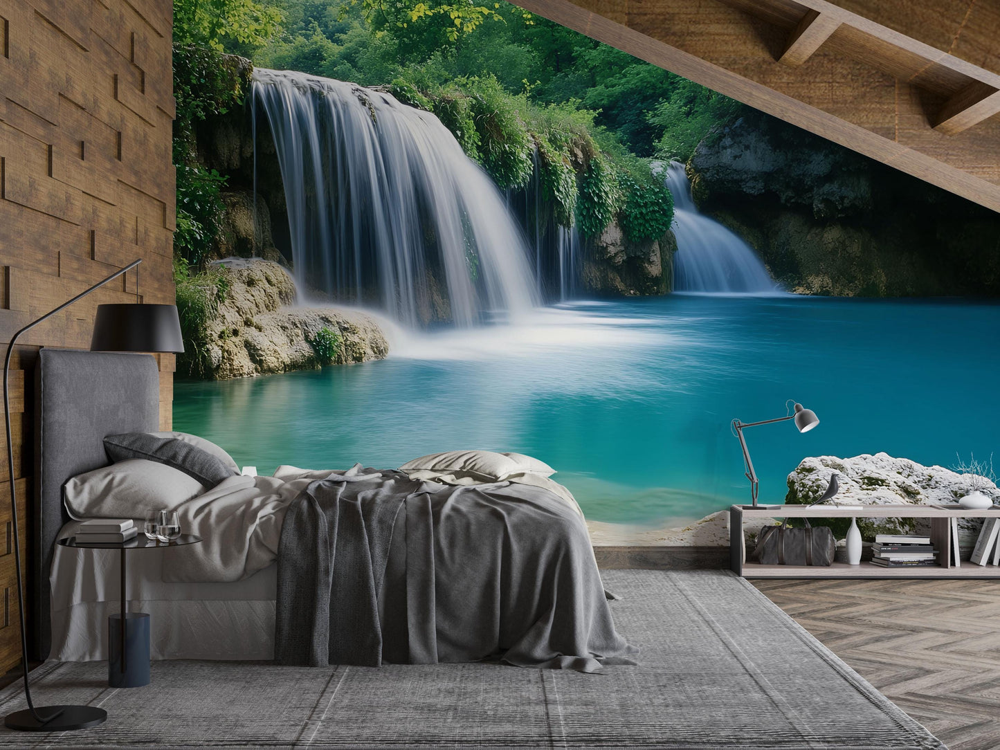 Waterfall Wall Mural for Bedroom – Nature-Inspired Wallpaper, Tranquil Forest Scene, Large Peel & Stick Mural Décor Vn695