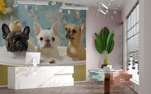 French Bulldog Bathtime Wall Mural – Cute Dog Bathroom Decor, Playful Pet Art for Dog Lovers, Whimsical Animal Wallpaper Vn672