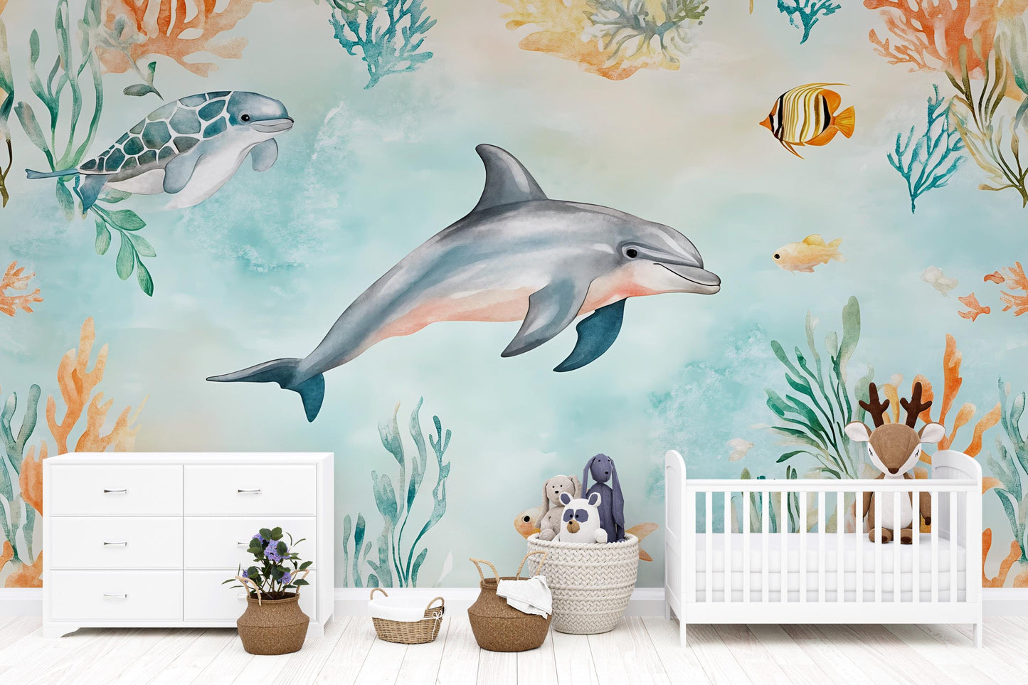 Dolphin Wall Mural – Ocean Nursery Wallpaper with Fish & Coral Reef Vn987