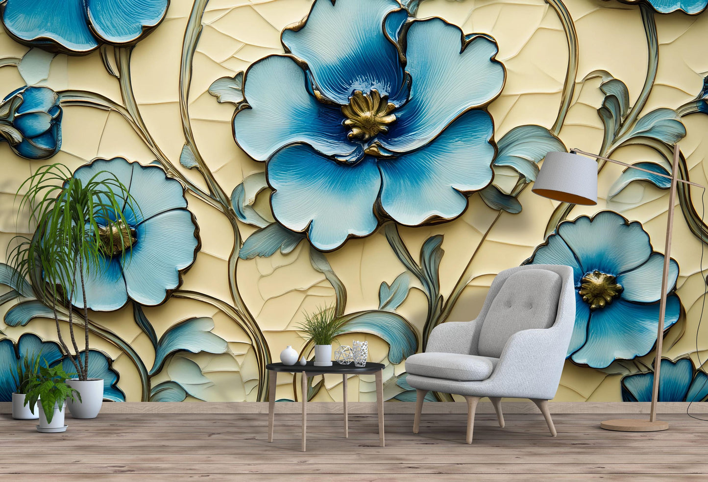Blue Floral Wall Mural – 3D Effect Botanical Wallpaper for Living Room or Office Vn769
