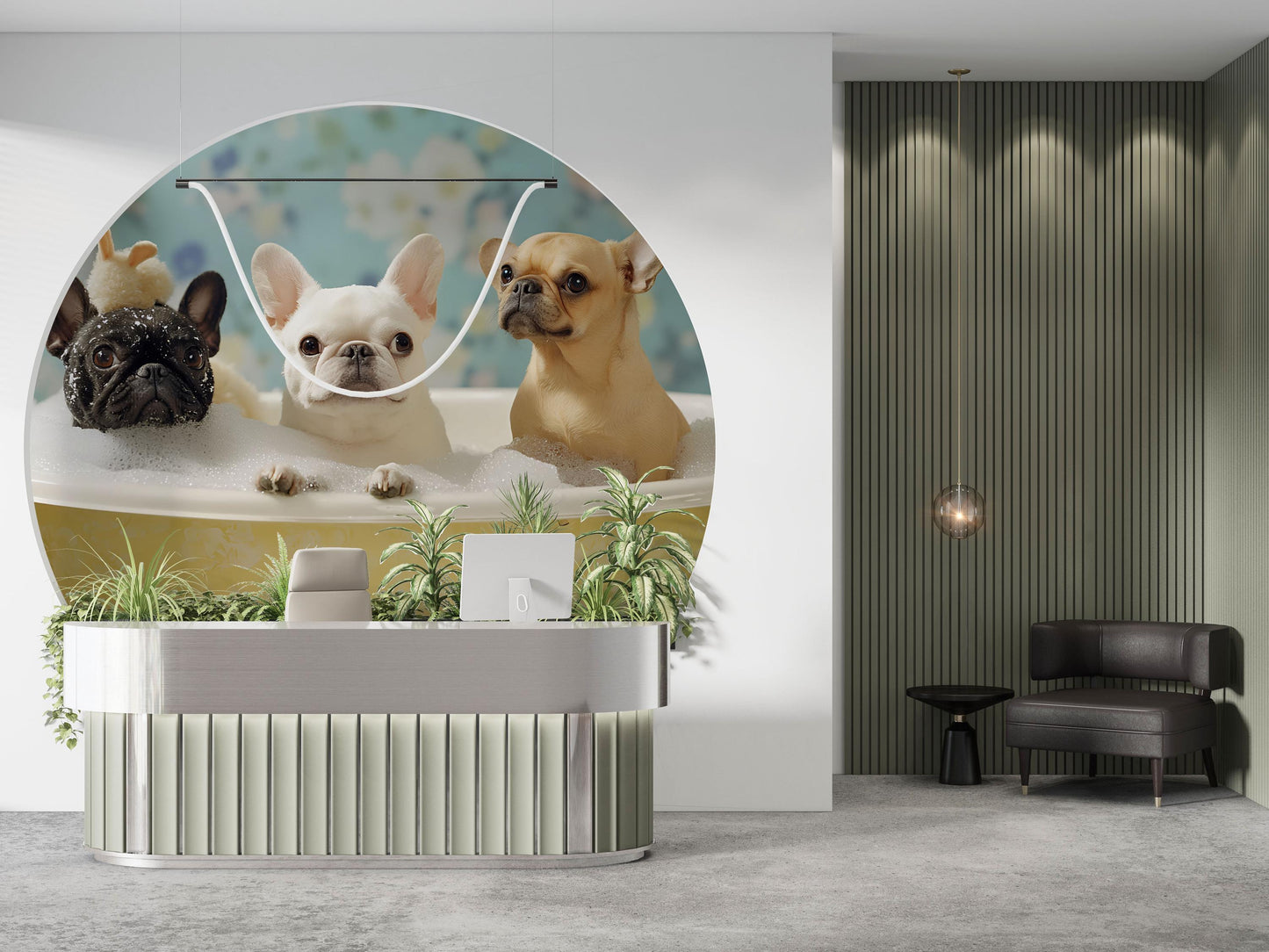 French Bulldog Bathtime Wall Mural – Cute Dog Bathroom Decor, Playful Pet Art for Dog Lovers, Whimsical Animal Wallpaper Vn672