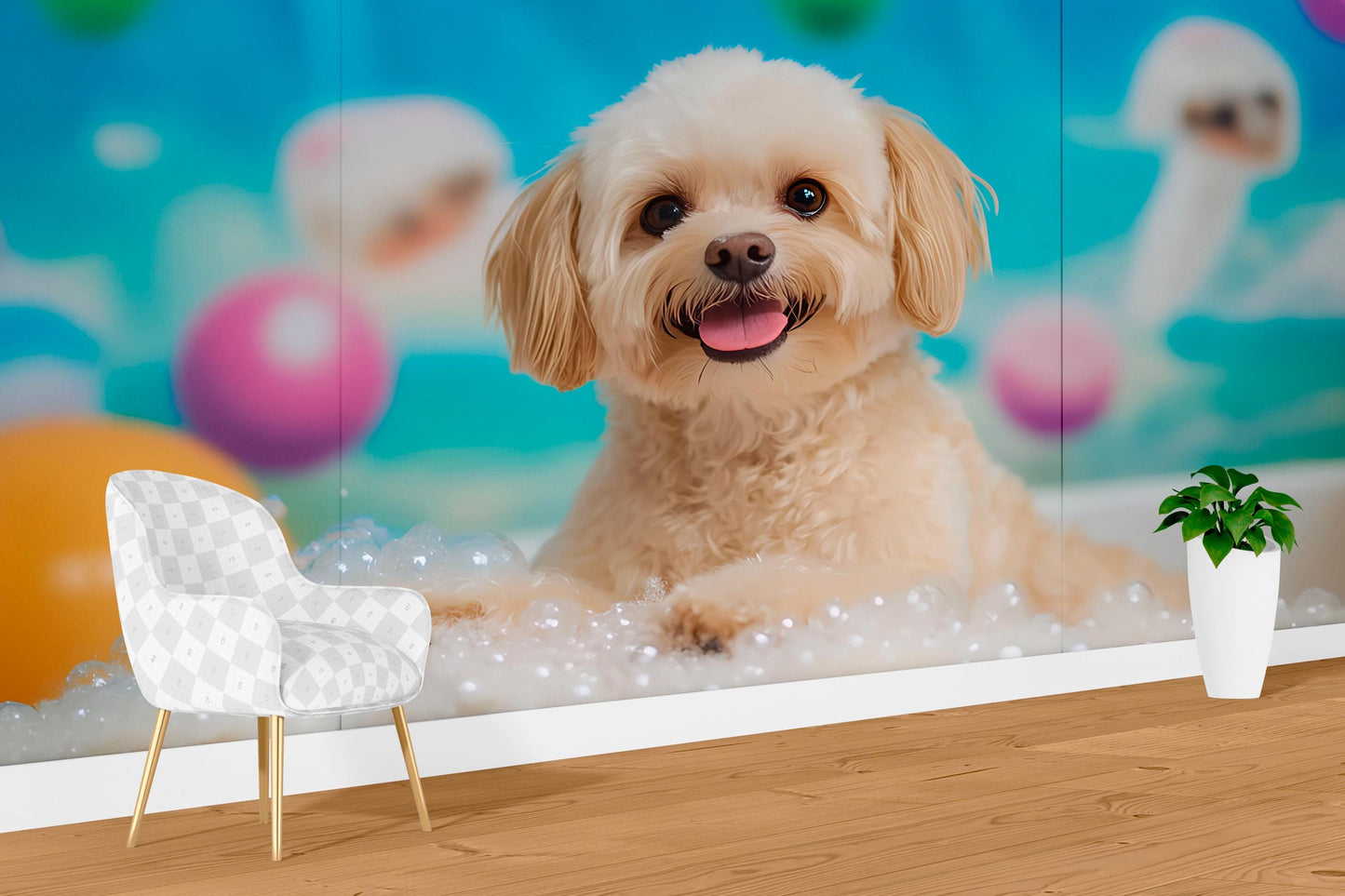 Cute Dog Bubble Bath Wall Mural – Whimsical Pet-Themed Wallpaper for Kids Room or Pet Salon Decor Vn670