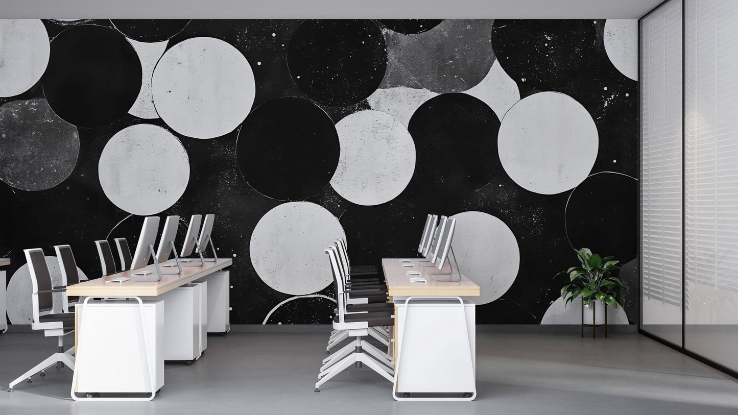 Black and White Circle Wall Mural – Modern Geometric Wallpaper, Bold Accent Wall for Office or Living Room Vn848