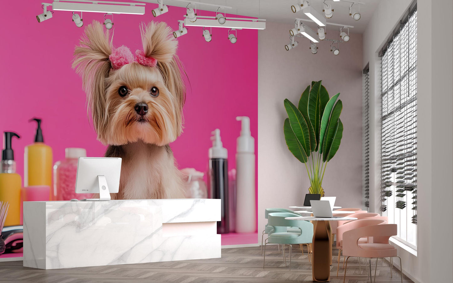 Cute Yorkie Dog Wall Mural – Pink Grooming Salon Backdrop for Pet Spa Decor Vn662