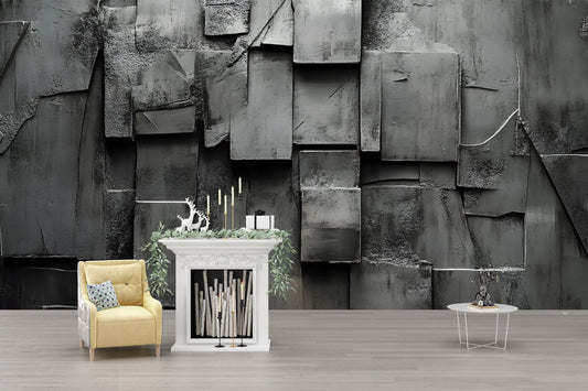 Modern Textured Wall Art Mural – 3D Dark Concrete Geometric Wallpaper – Industrial Style Living Room Decor Vn240