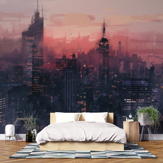Cityscape Wall Mural – Futuristic Skyline Wallpaper, Urban Night Accent Wall Decor for Bedroom, Office or Living Room Vn1068