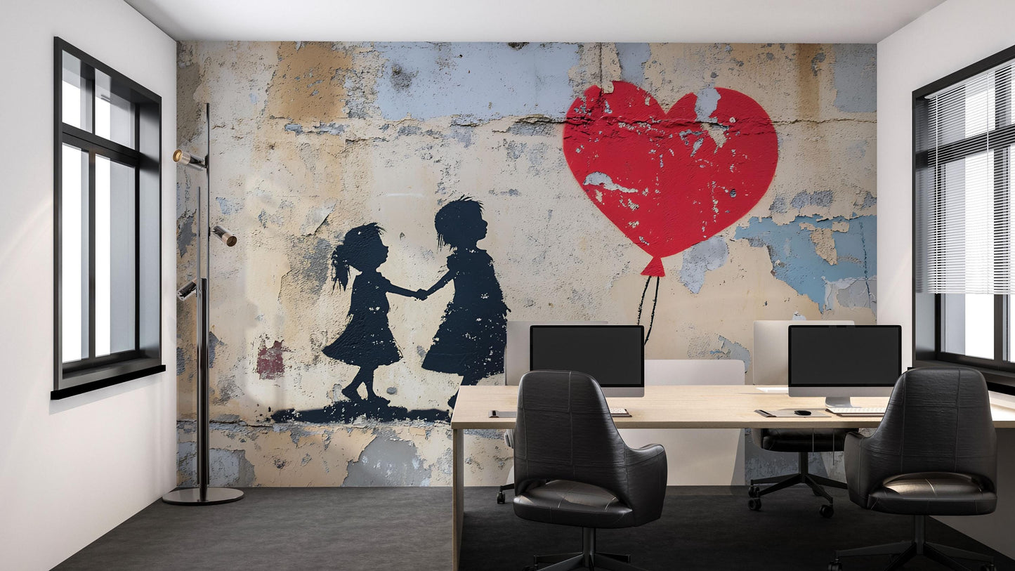 Banksy Heart Balloon Girl Office Wall Mural – Modern Graffiti Street Art Removable Wallpaper for Workspace & Home Decor Vn735