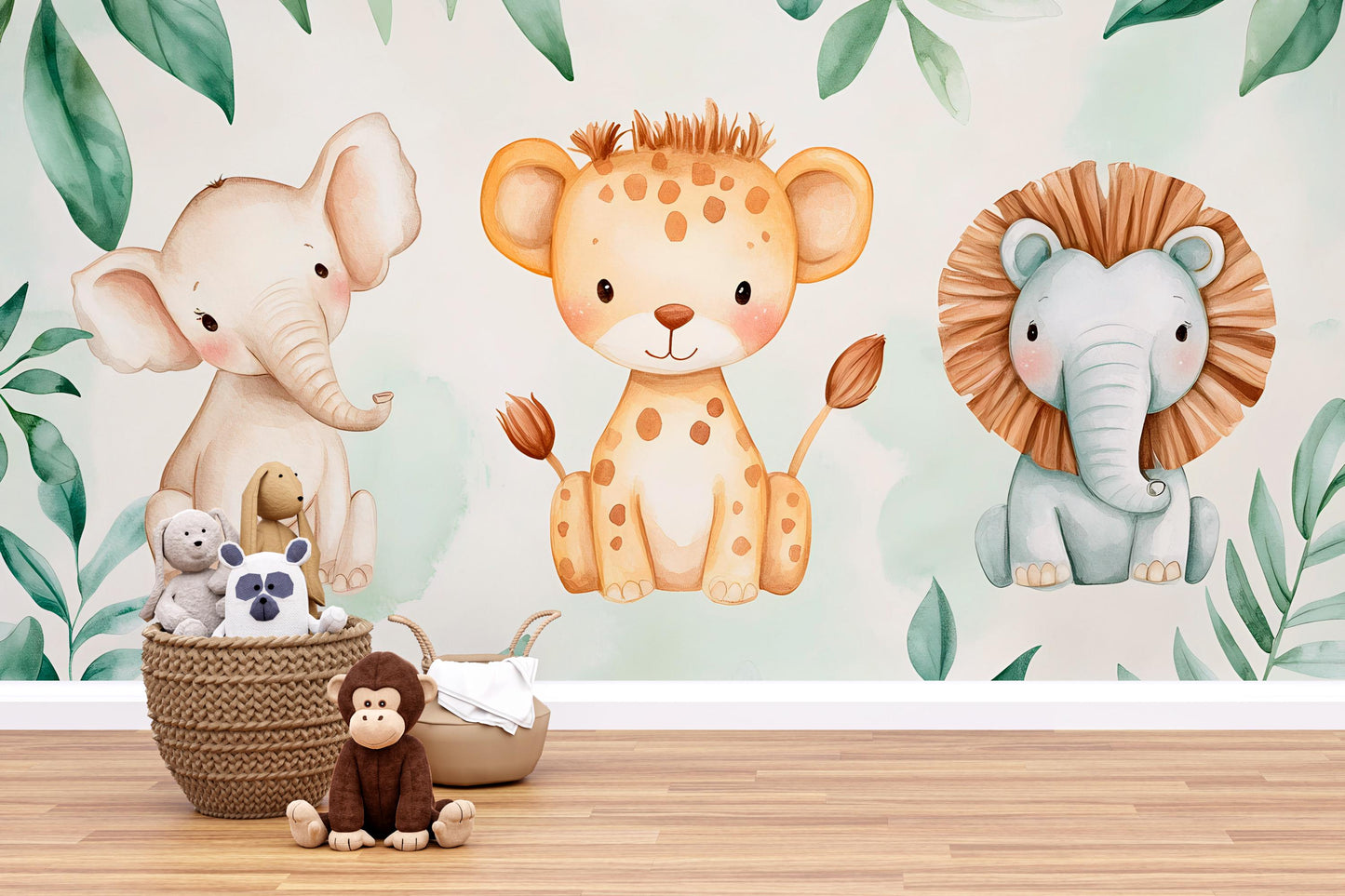 Safari Animal Wall Mural – Cute Lion Elephant Leopard Nursery Wallpaper Vn991
