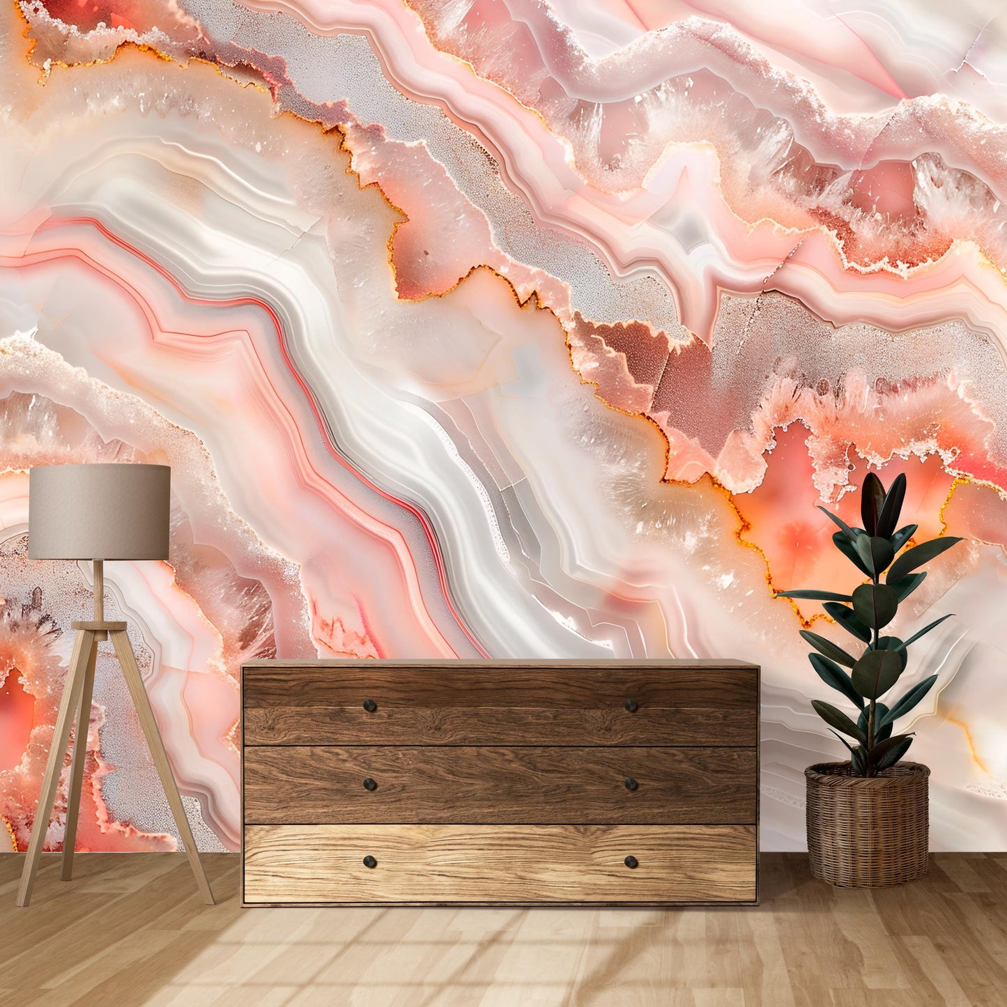 Pink Agate Wall Mural – Crystal Stone Pattern Wallpaper in White & Rose Tones Vn1092