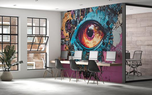 Cyberpunk Eye Wall Mural, Graffiti Tech Art Wallpaper, Futuristic Industrial Office Decor, Modern Creative Workspace Accent Wall Vn204