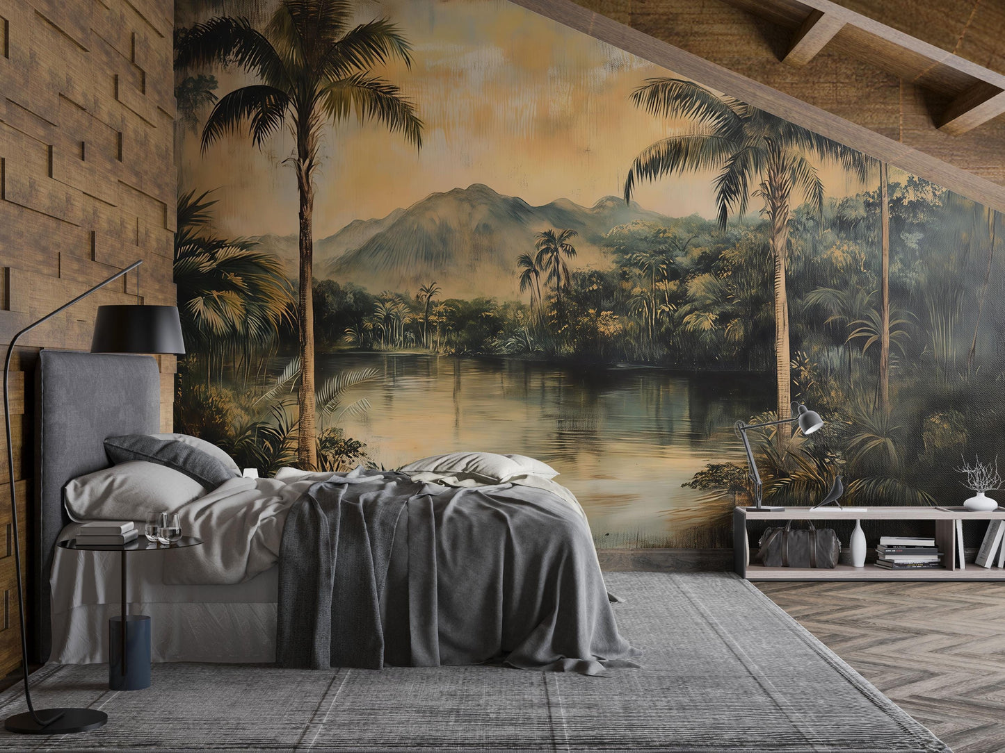 Tropical Vintage Wall Mural – Palm Tree Jungle Landscape Wallpaper Vn828